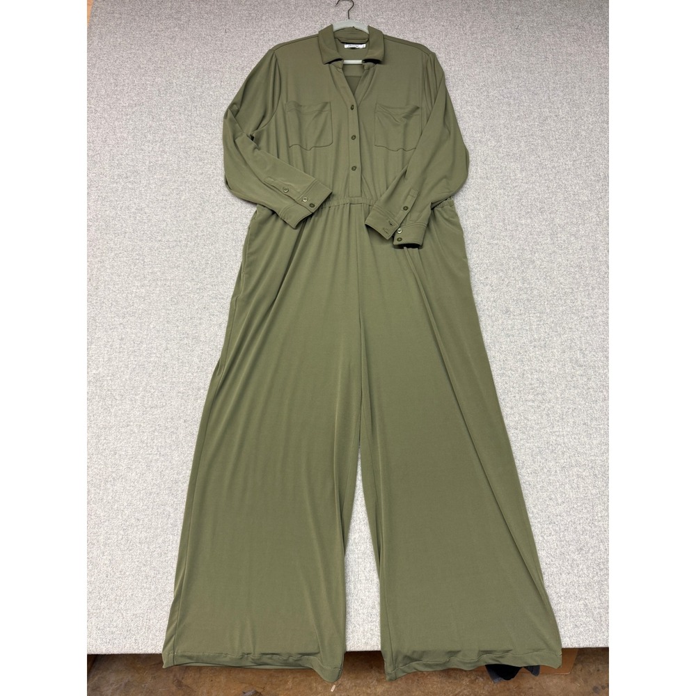 Chico's Jumpsuit Size 3 XL Olive Green Utility Wide Leg Button Front Long Sleeve